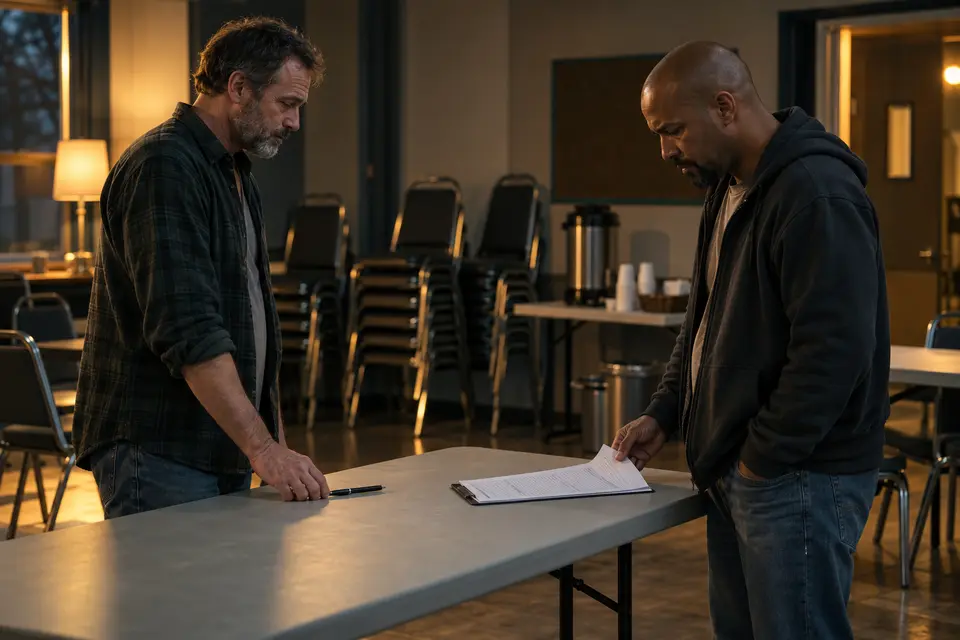 Two men stand across a folding table after a community meeting, with an attendance sheet and an untouched pen between them.