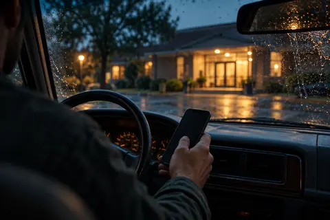From inside a rain-streaked parked car, a man holds a phone while a warmly lit community building waits beyond the windshield.