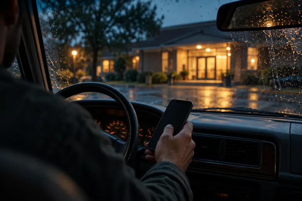 From inside a rain-streaked parked car, a man holds a phone while a warmly lit community building waits beyond the windshield.