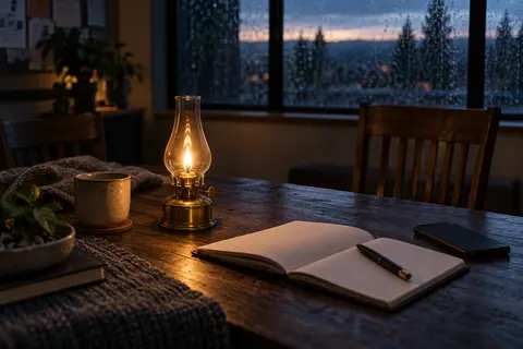A brass oil lamp glows beside an open notebook and a face-down phone in a quiet room before dawn.