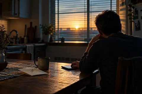 A man sits at a kitchen table before sunrise with a phone, a mug, and a folded memorial program nearby.