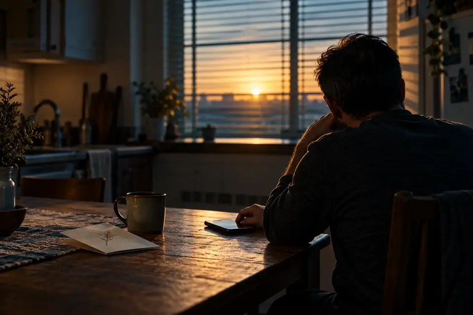 A man sits at a kitchen table before sunrise with a phone, a mug, and a folded memorial program nearby.