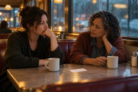 Two women talk quietly across a diner table on a rainy morning, with coffee cups and a blank index card between them.