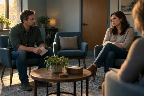 A man listens to a woman across a counseling room while holding a folded page, with an empty chair between them in warm morning light.